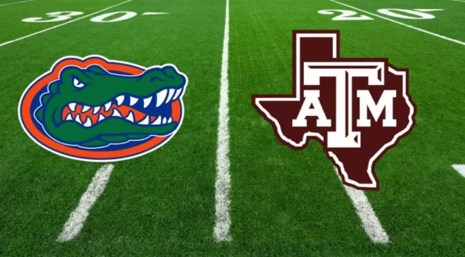 UF Gators and Texas A&M Logos facing each other