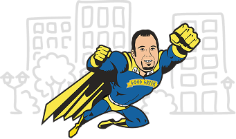 Good Greek moving superhero mascot flying over a city illustration