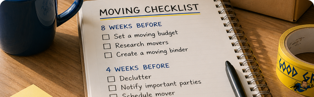 Good Greek moving checklist notebook with packing tape
