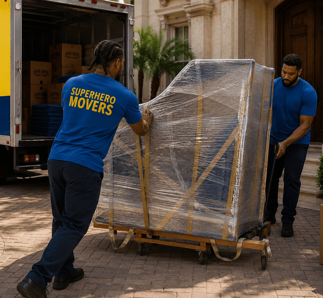 Good Greek movers wrapping and crating a large item on a dolly