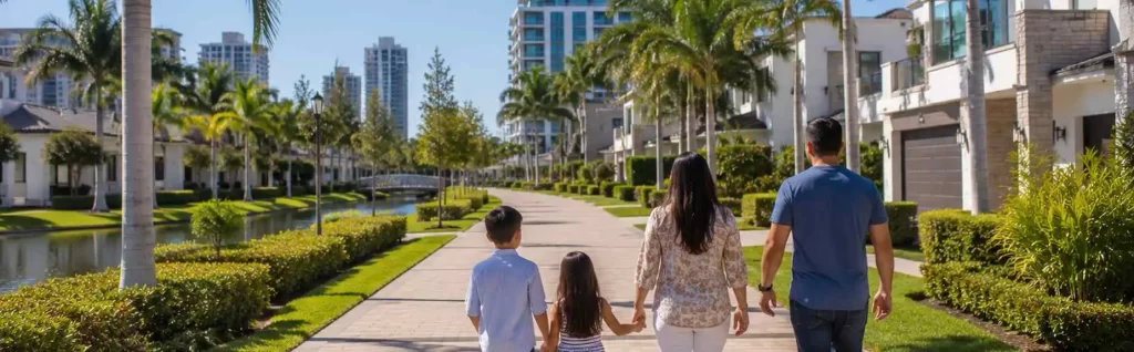 Good Greek moving family walking through a neighborhood in Doral Florida