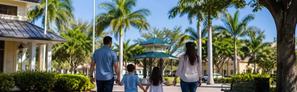Good Greek moving family walking a palm-lined street in Homestead Florida