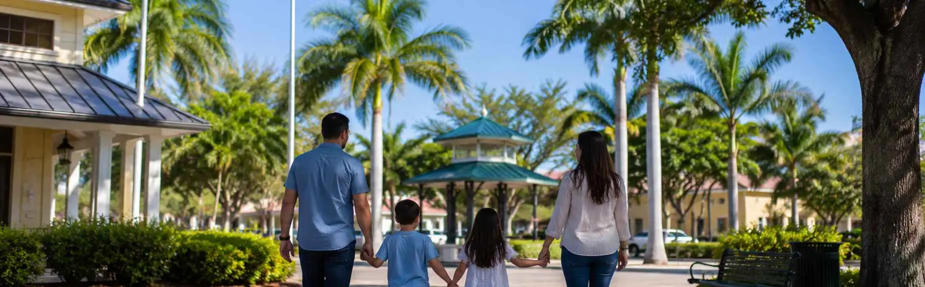Good Greek moving family walking a palm-lined street in Homestead Florida