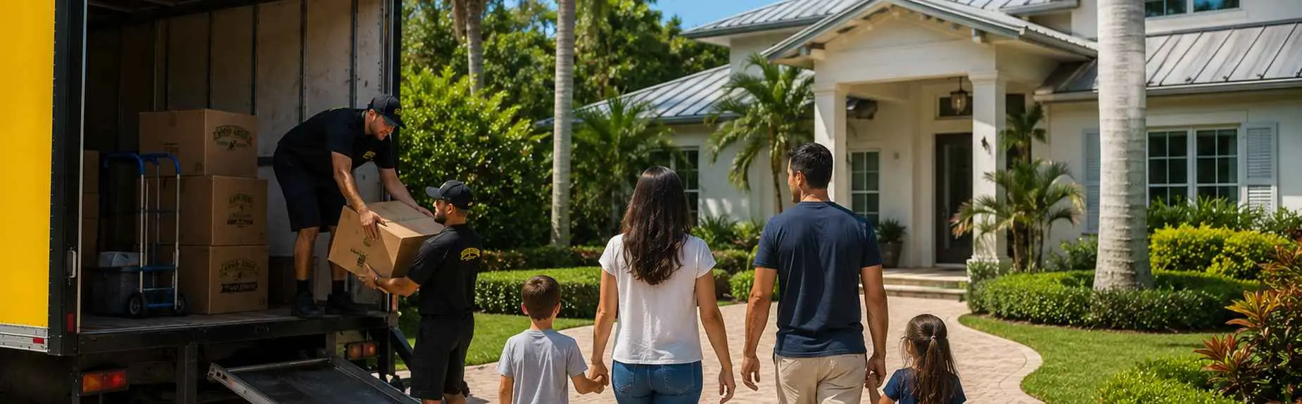Good Greek movers unloading a moving truck for a family in Palm City Florida