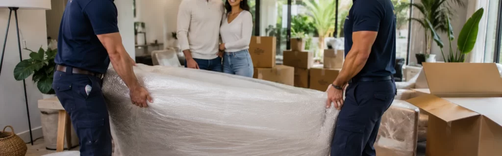 Good Greek movers carrying wrapped furniture, moving facts