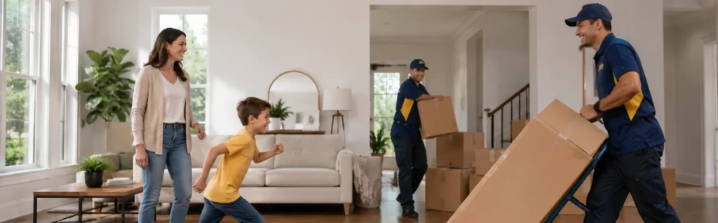 Good Greek mover carrying furniture, helping a family plan their move