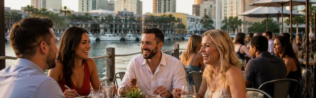 Friends dining at an iconic Tampa Bay waterfront restaurant