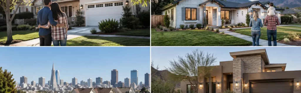 The 4 hottest real estate markets in the US, homes and city skylines collage