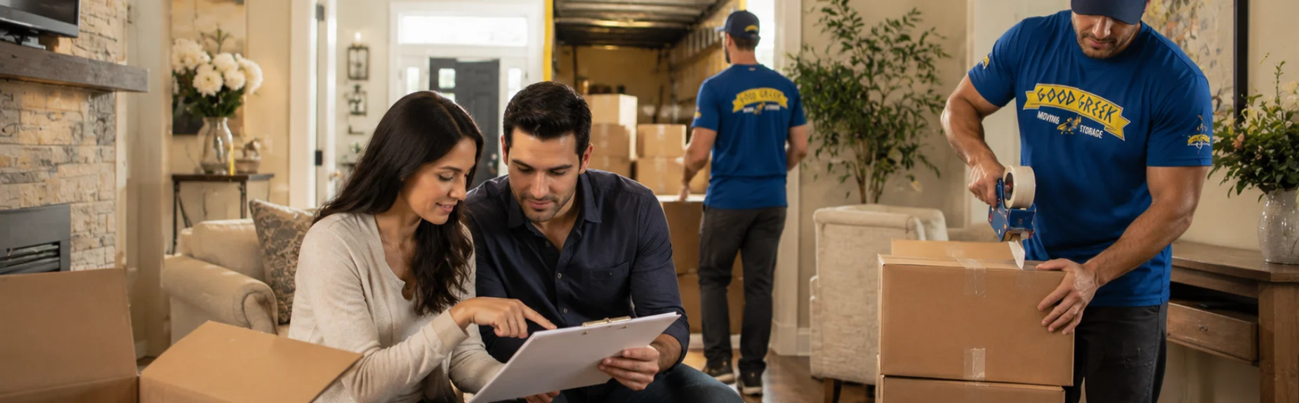 Good Greek movers reviewing the moving plan with a couple, top moving mistakes to avoid