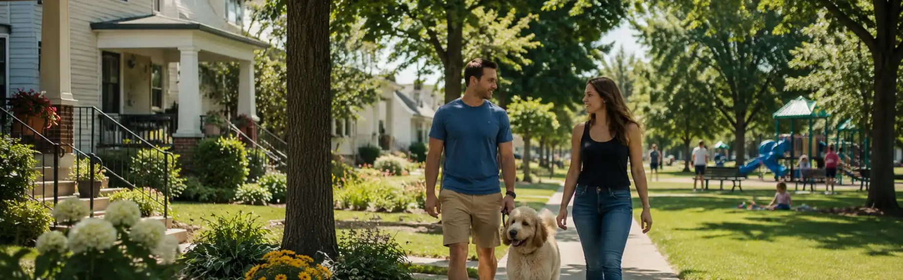 Couple walking with their dog in an Ohio suburb near Cleveland