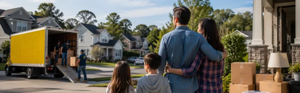 Good Greek family moving into a new neighborhood with a moving truck