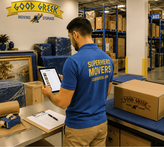 Good Greek mover using a tablet in a storage warehouse